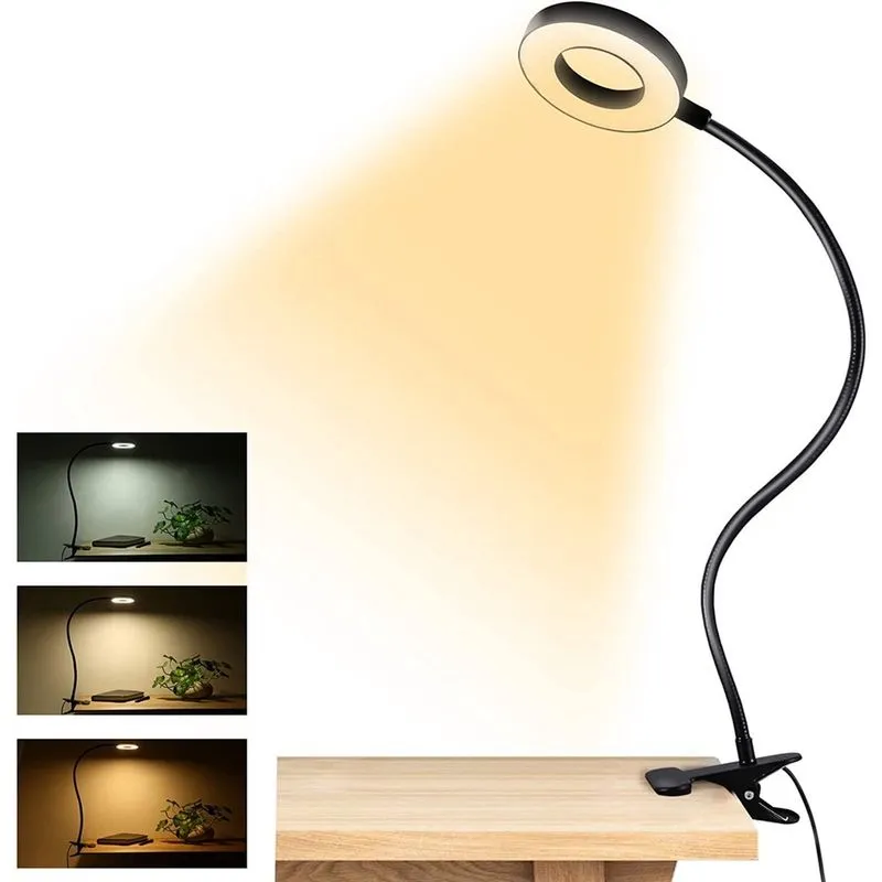 Luzes de leitura de luz com clipe, lâmpada de mesa USB de 48 LED com 3 modos de cor, 10 de brilho, luz de grampo de livro de proteção para os olhos, lâmpada de grampo de pescoço de ganso flexível de 3