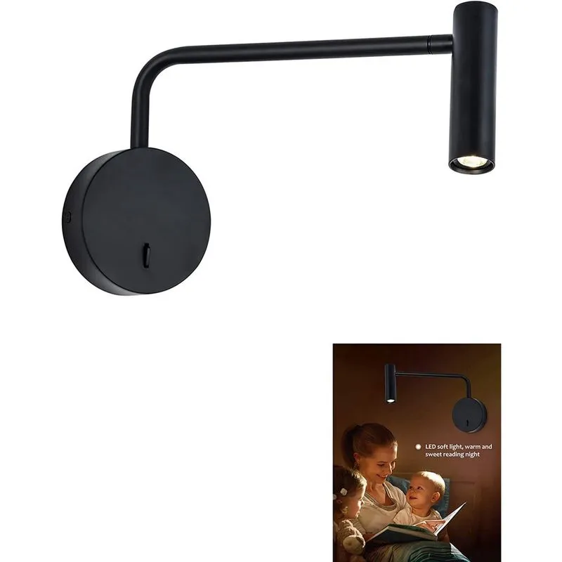 Luz de leitura montada na parede para quarto arandela LED com fio com interruptor liga/desliga moderno 3000K braço oscilante lâmpada de montagem na parede de cabeceira (preto)