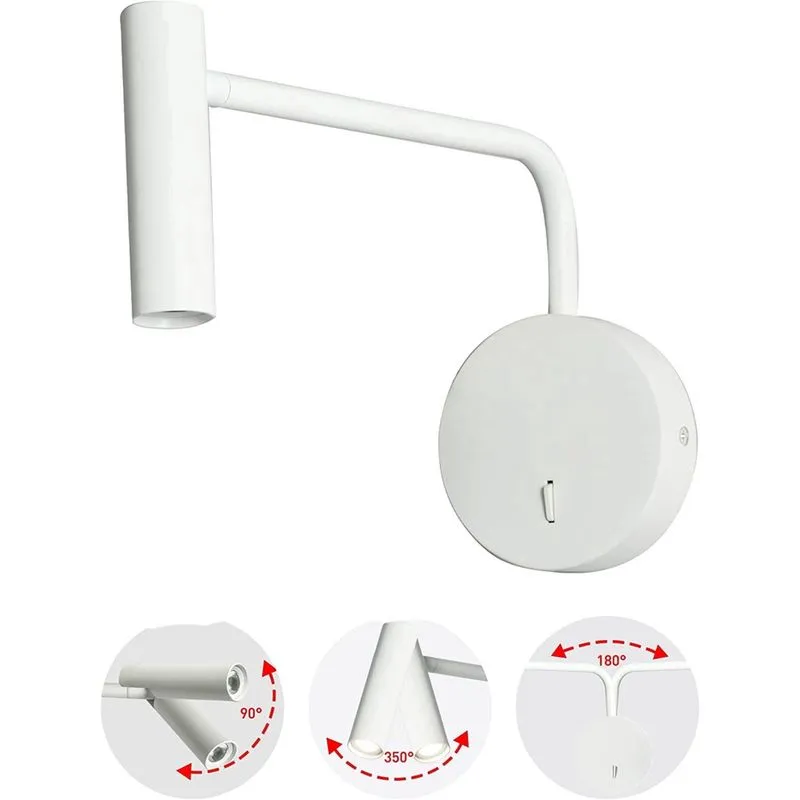 Luz de leitura montada na parede para quarto arandela LED com fio com interruptor liga/desliga lâmpada de parede moderna de braço oscilante de cabeceira 3000K (branca)