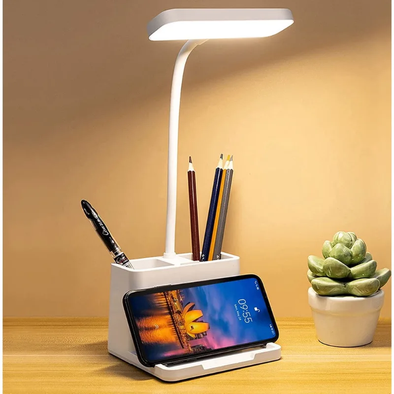 Lâmpada de mesa LED com suporte para caneta e telefone, luz de leitura de livro recarregável usb, lâmpada de estudo para crianças, lâmpada de mesa sensível ao toque com pescoço de ganso flexível para