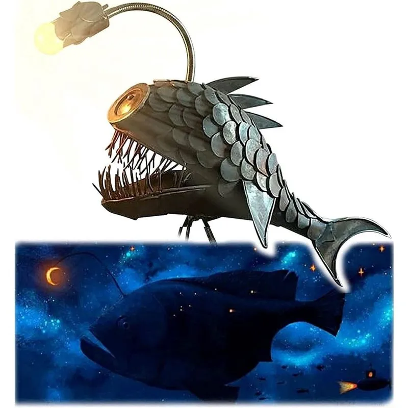 Candeeiro de peixe pescador USB rústico, candeeiro de mesa estilo Steampunk, candeeiro de mesa estilo Steampunk, lâmpadas LED de simulação, luzes noturnas feitas à mão, luzes de livros, decoração cria