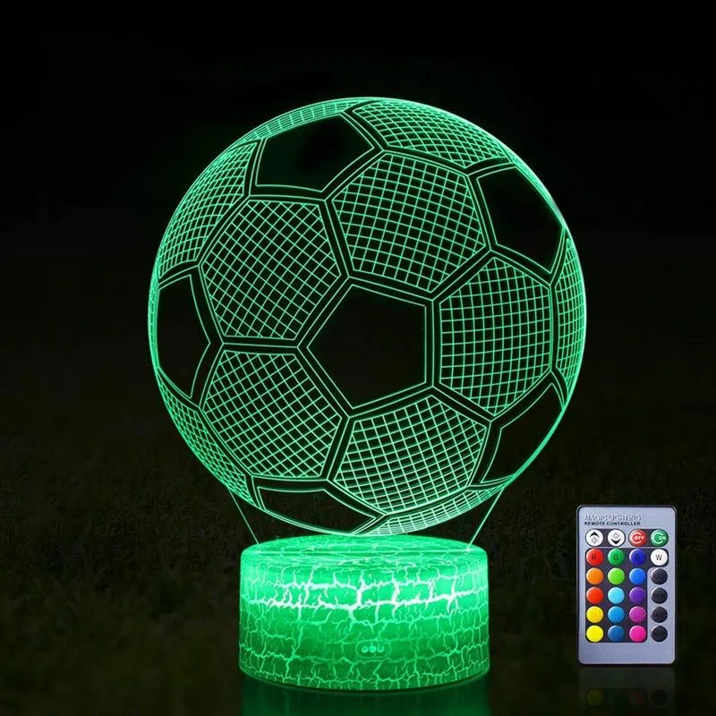 Luz noturna de futebol de futebol para crianças, controle remoto e rgb com 16 cores que mudam de ilusão óptica visual 3D, lâmpada LED para bebê para decoração de quarto, mesa, livro, luz, presente de