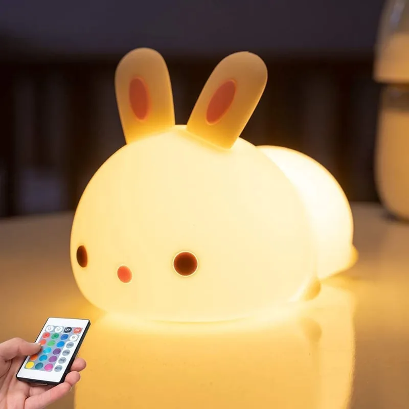 Huoguo linda luz noturna para quarto de crianças, luz noturna infantil com temporizador de coelho, bebê, berçário, animal, silicone, mole, bateria remota, lâmpada noturna kawaii, linda decoração de qu