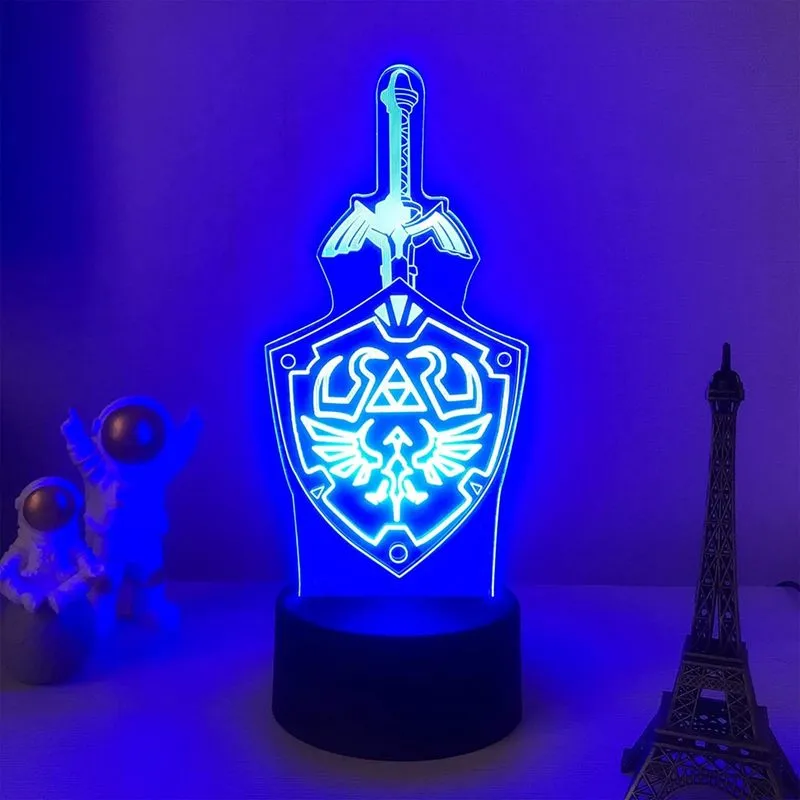 Candeeiro de cabeceira 3D Ilusion Night Light Legend of Zelda, Sinal de espada e escudo Zelda Link alimentado por usb, abajur de mesa que muda de cor, diamável, para decoração de quarto de criança, pr