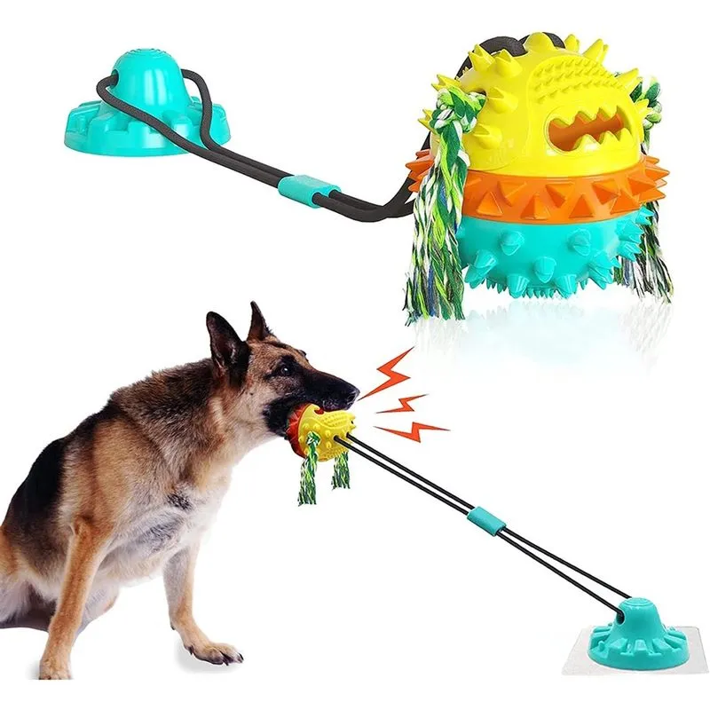 Brinquedo molar de silicone para cães de estimação, brinquedo de puxar bola de corda para cães, brinquedo multifuncional interativo para mastigar cães, com função de limpeza de dentes e distribuição d