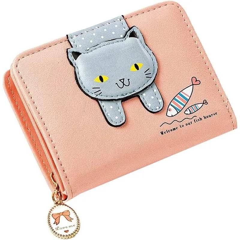 Carteira pequena feminina para meninas, bonito, padrão de gato, bolsa de embreagem, porta-moedas, organizador de cartão (rosa)
