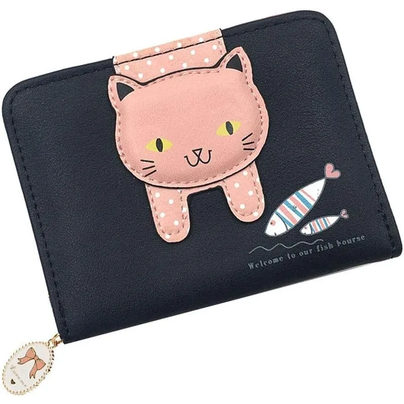 Carteira pequena feminina para meninas, bonito, padrão de gato, bolsa de embreagem, porta-moedas, organizador de cartão (preto)