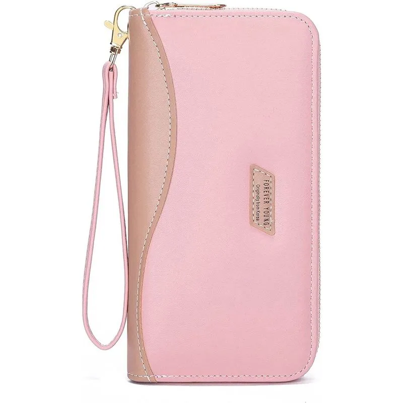 Carteira feminina huoguo, carteira feminina de couro, com zíper, grande, longa, porta-cartões, organizador, bolsa de telefone para mulheres e mulheres (rosa)