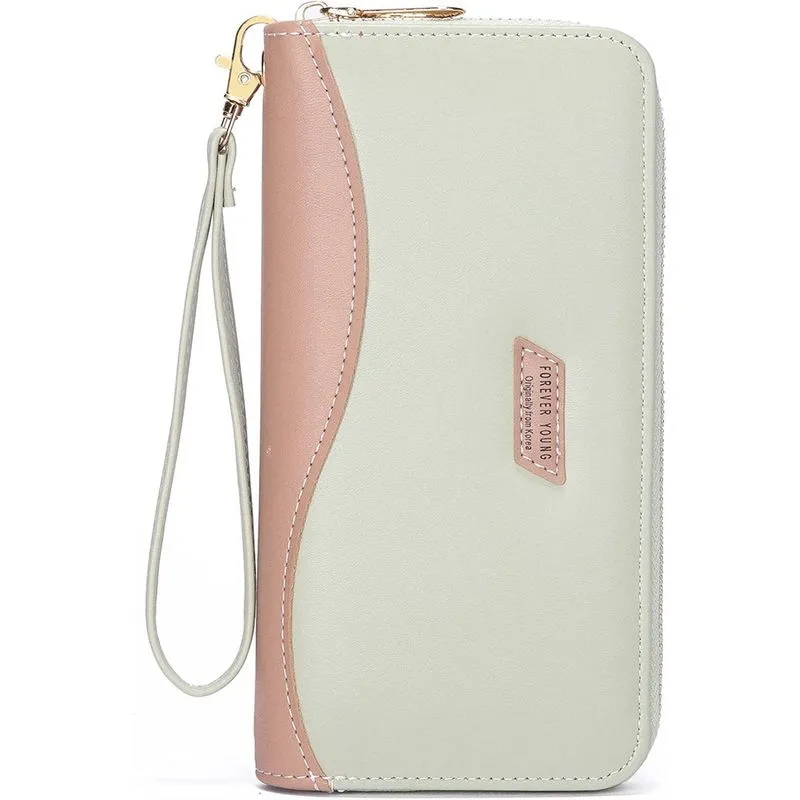 Carteira feminina huoguo, carteira feminina de couro, com zíper, grande, longa, porta-cartões, organizador, bolsa de telefone para mulheres e mulheres (verde)