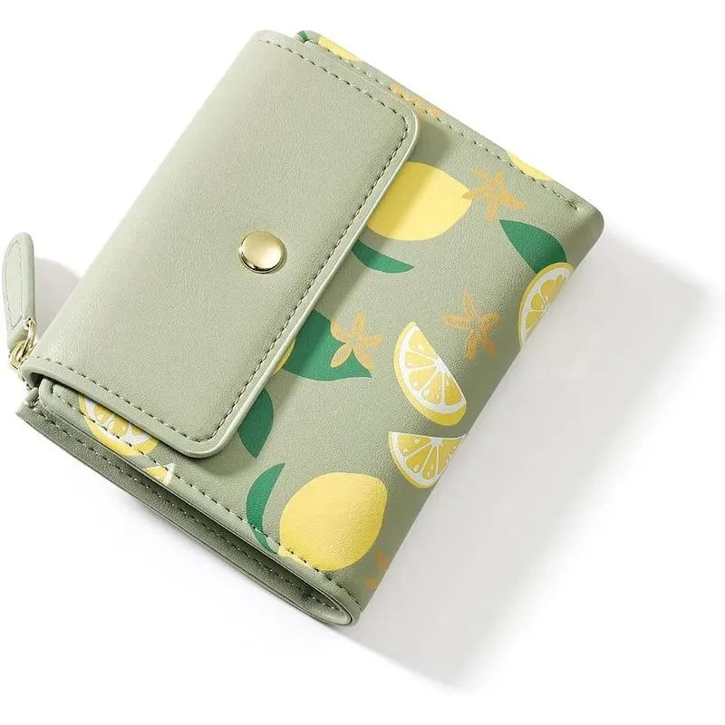 Carteira pequena com zíper bifold bonito com estampa de limão porta-cartões organizador bolsa de moedas para mulheres (verde)