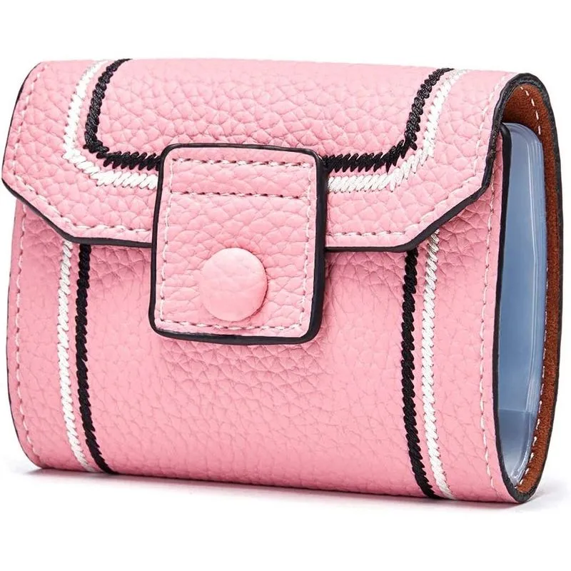 Organizador de cartão de crédito 26 porta-cartões feminino feminino homem bloqueio rfid couro lichia grão linhas contrastantes (cartão rosa) cartão rosa -