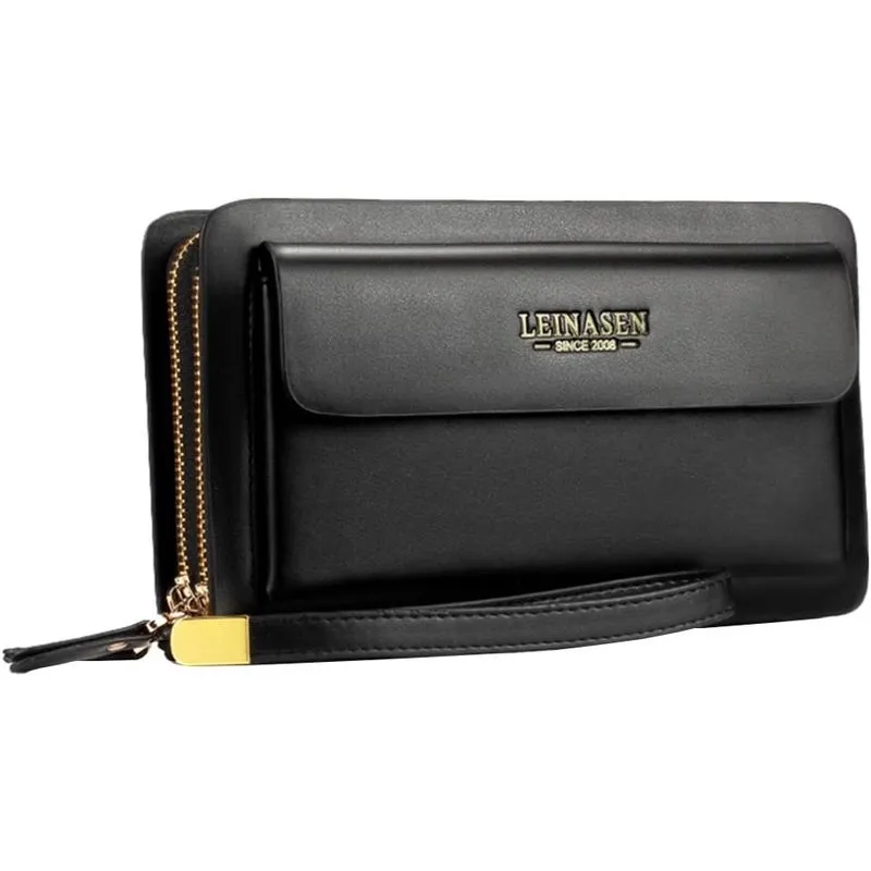 Bolsa de embreagem masculina de negócios Carteira de couro de alta capacidade Bolsa longa com zíper duplo