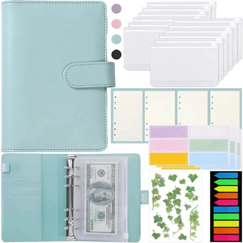 Organizador de caderno de couro pu A6 da Binder Budget com 12 unidades de envelopes de dinheiro com zíper, folhas de orçamento, adesivos para orçamento e economia de dinheiro (hortelã) hortelã -