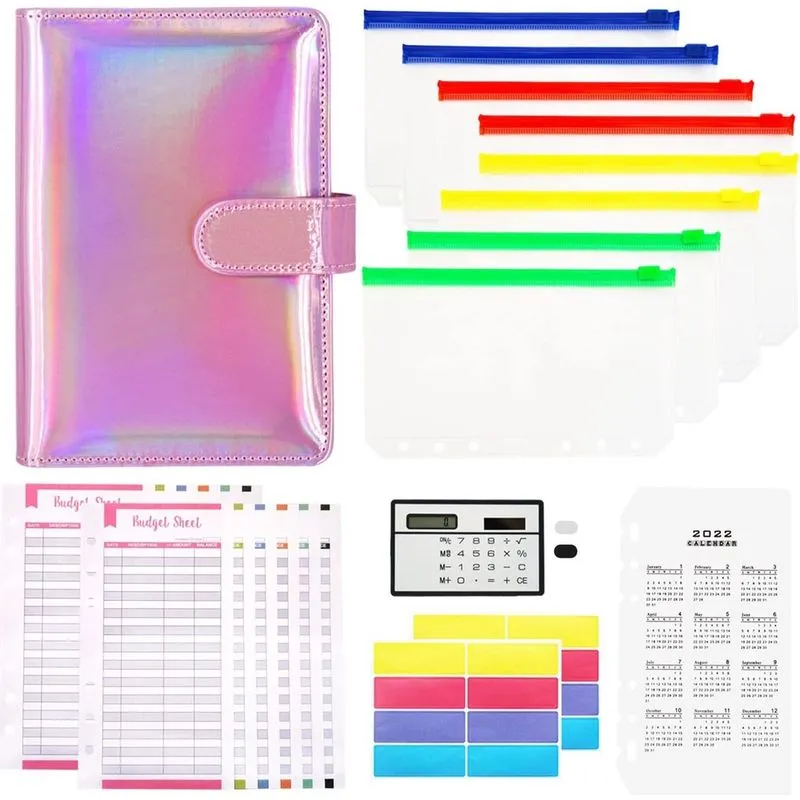 Pasta de orçamento A6 com envelopes com zíper, organizador de fichário para dinheiro, planejador de orçamento com envelopes de dinheiro coloridos para orçamento e economia de dinheiro, rosa holográfic