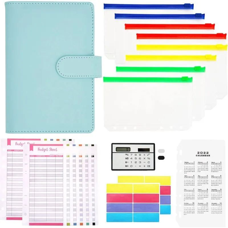 Pasta de orçamento A6 com envelopes com zíper, organizador de fichário para dinheiro, planejador de orçamento com envelopes de dinheiro coloridos para orçamento e economia de dinheiro, azul menta azul