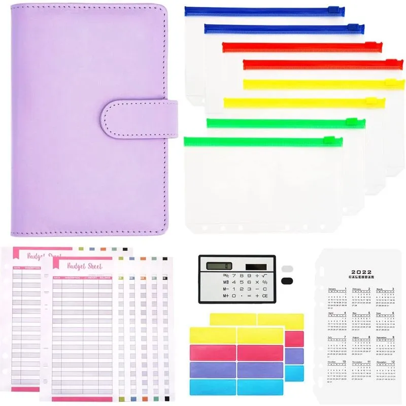 Pasta de orçamento A6 com envelopes com zíper, organizador de fichário para dinheiro, planejador de orçamento com envelopes de dinheiro coloridos para orçamento e economia de dinheiro, roxo roxo -