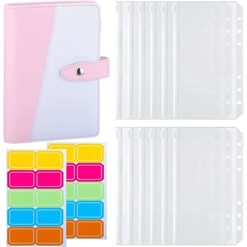 Pasta de orçamento A6 com 12 bolsos de fichário A6, 6 argolas para economia de dinheiro, sistema organizador de envelopes de dinheiro para orçamento, rosa rosa e branco -