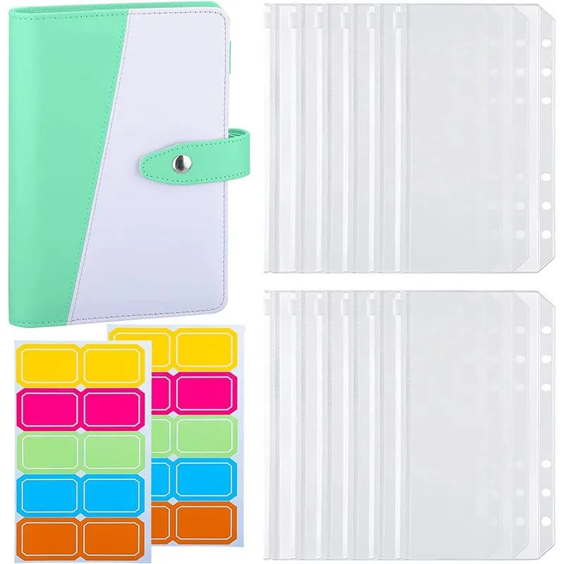 Pasta de orçamento A6 com 12 bolsos de fichário A6, 6 argolas para economia de dinheiro, sistema organizador de envelopes de dinheiro para orçamento, verde claro, verde claro e branco -