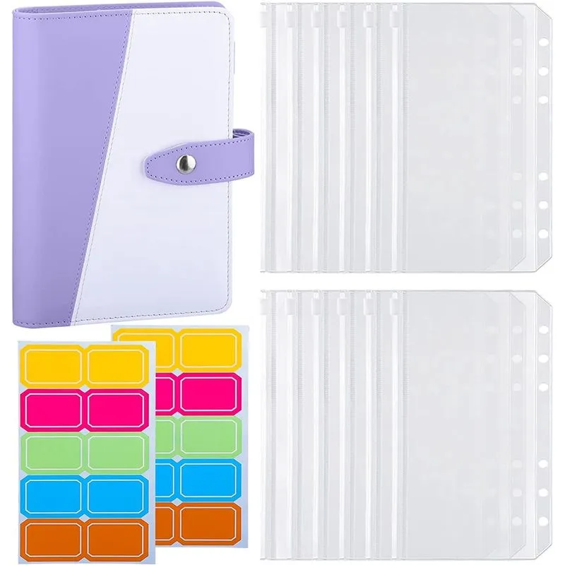 Pasta de orçamento A6 com 12 bolsos de fichário A6, 6 argolas para economia de dinheiro, sistema organizador de envelopes de dinheiro para orçamento, roxo roxo e branco -