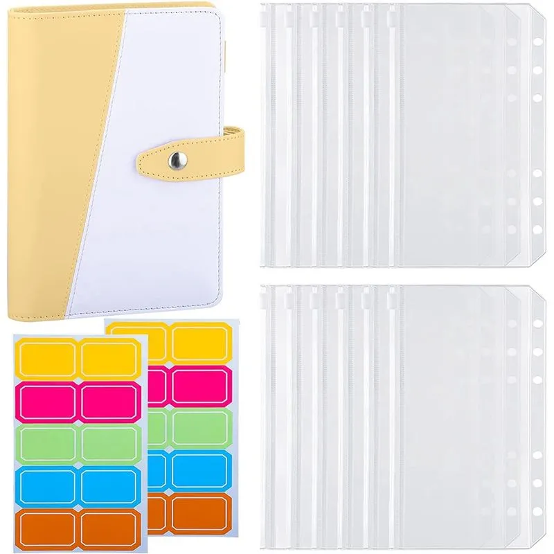 Pasta de orçamento A6 com 12 bolsos de fichário A6, 6 argolas para economia de dinheiro, sistema organizador de envelopes de dinheiro para orçamento, amarelo amarelo e branco -