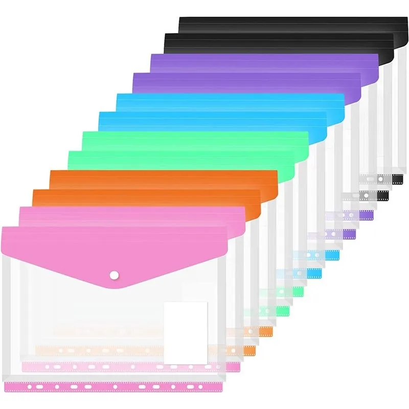 12 pacotes de bolso expansível para fichário, 11 furos para pasta de fichário com botão de pressão e envelope de etiqueta, bolsa de arquivo, divisórias organizadoras de documentos transparentes A4 par