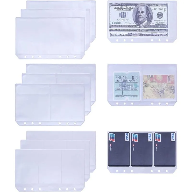 A6 Bolsos para fichário de 6 furos, recargas de caderno, enchimento, organizador, envelope, bolsa, cartão de visita, capas, páginas, 12 peças - -