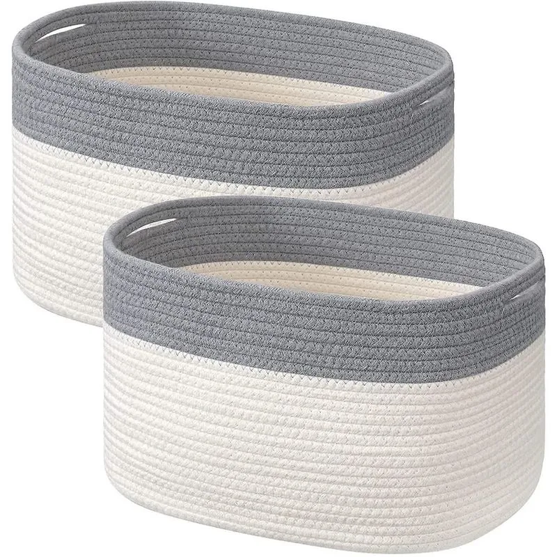 Conjunto de cestas de armazenamento de corda de algodão com 2 organizadores de cubos de armazenamento Cesta de tecido decorativo dobrável com alças 15 x 10 x 9