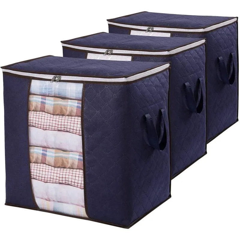 Bolsa de armazenamento de roupas Organizador de grande capacidade 90l com alça reforçada Tecido grosso com zíper resistente, janela transparente, pacote com 3, azul