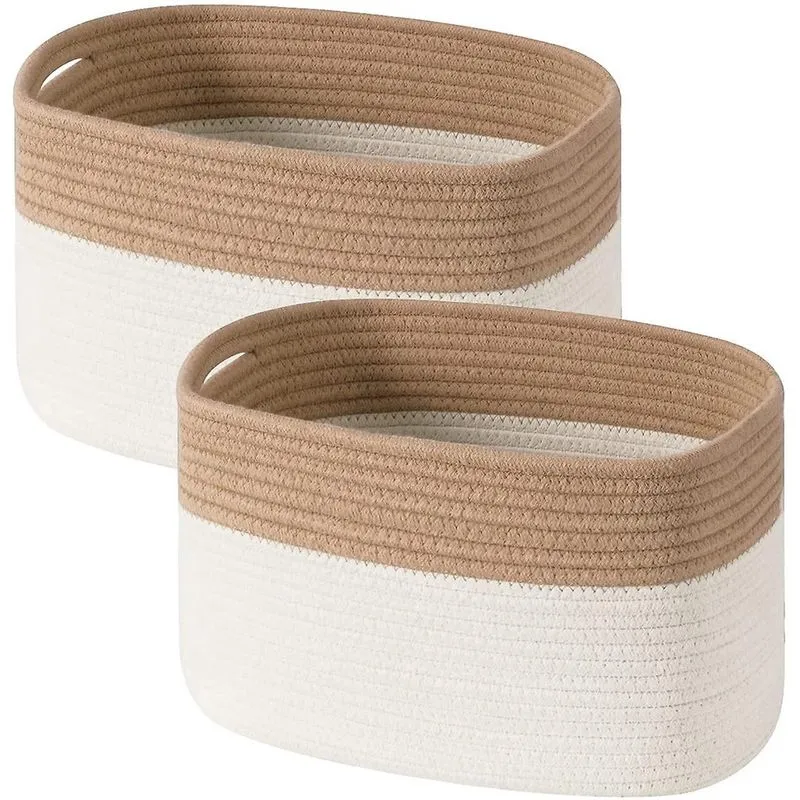 Conjunto de cestas de armazenamento de corda de algodão com 2 organizadores de cubos de armazenamento Cesta de tecido decorativo dobrável com alças 15 x 10 x 9