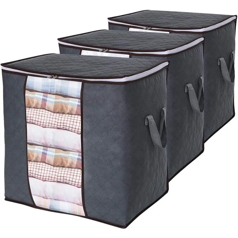Bolsa de armazenamento de roupas Organizador de grande capacidade 90l com alça reforçada Tecido grosso com zíper resistente, janela transparente, pacote com 3, cinza