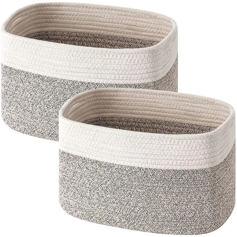 Conjunto de cestas de armazenamento de corda de algodão com 2 organizador de cubos de armazenamento Cesta de tecido decorativo dobrável com alças 15 x 10 x 9