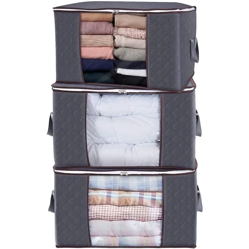 Organizador de bolsa de armazenamento de roupas de grande capacidade com alça reforçada Tecido grosso com zíper resistente, janela transparente, pacote com 3, 90l, cinza