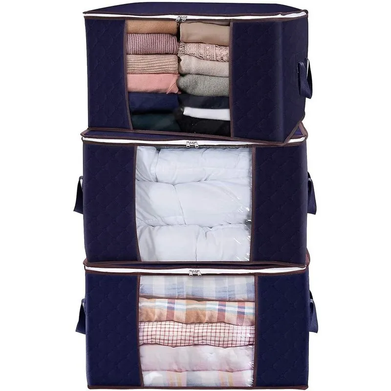 Organizador de bolsa de armazenamento de roupas de grande capacidade com alça reforçada Tecido grosso para zíper resistente, janela transparente, pacote com 3, 90l, azul