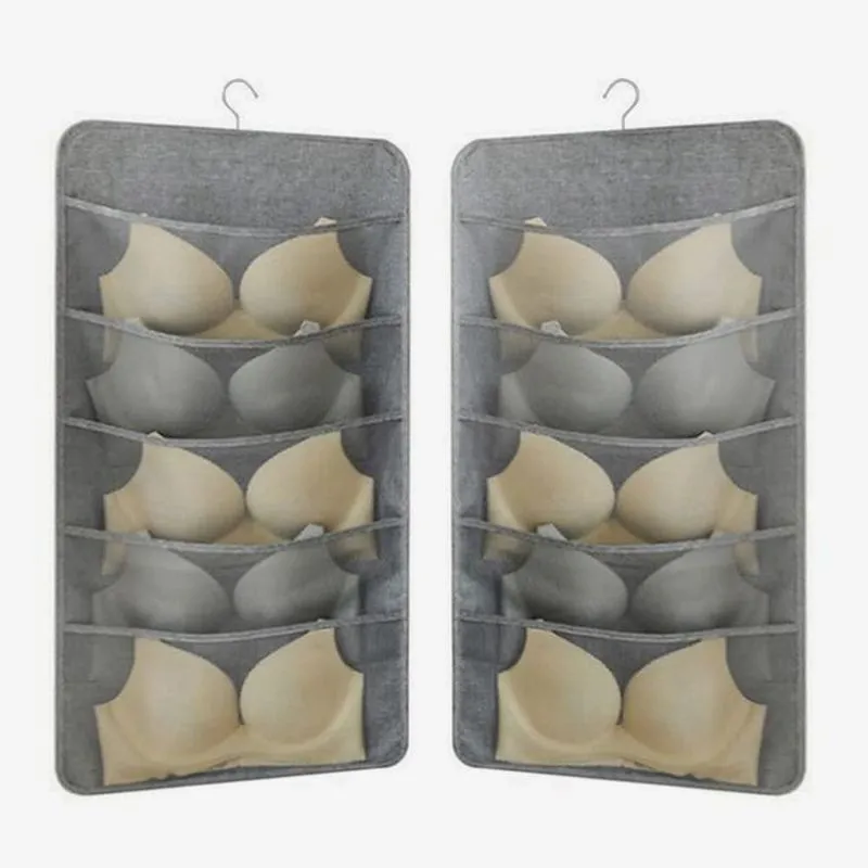 Organizador de armário de dois lados com bolsos de malha suspensa para roupas íntimas, sutiã, meias, acessórios com cabide, bolsos grandes - cinza
