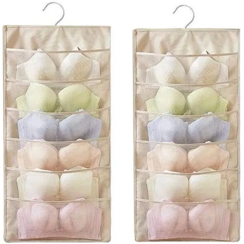 Organizador de armário de dois lados com bolsos de malha suspensa para roupas íntimas, sutiã, meias, acessórios com cabide, 12 bolsos grandes - bege