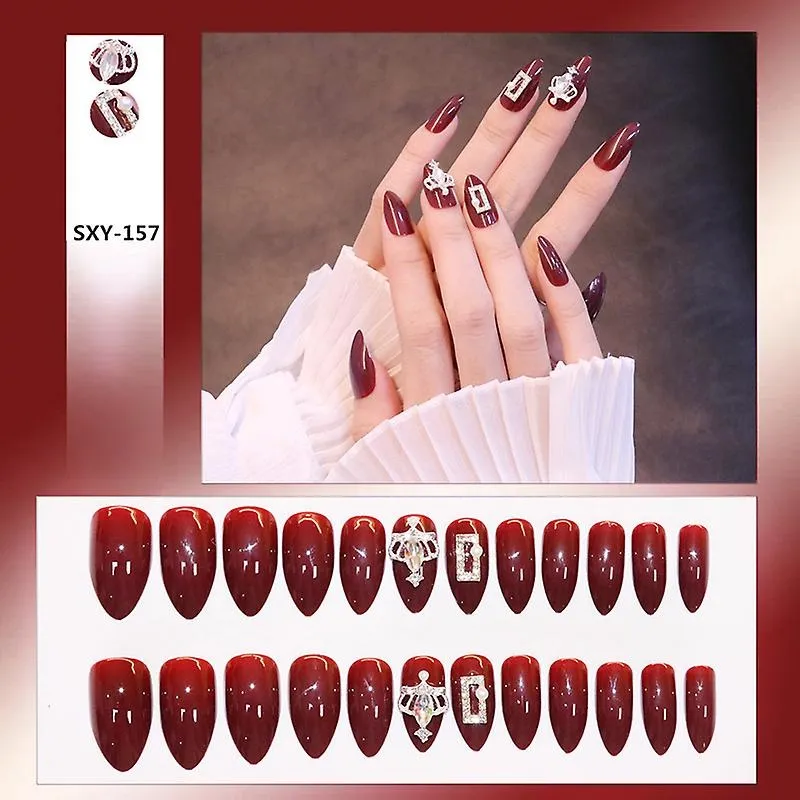 24pcs vinho vermelho unhas falsas unhas de cabeça pontiaguda longa com decoração de coroa brilhante