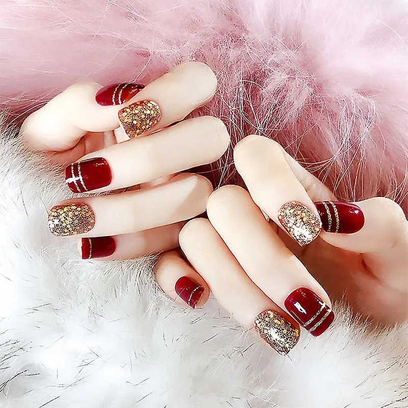 24pcs curto vinho tinto arte do prego unhas falsas curtas com brilho dourado champanhe ponta do prego do casamento