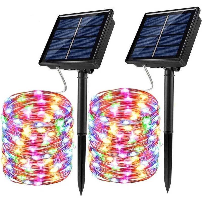 Luzes de corda solares, pacote com 2 luzes de fadas solares de 100 LED 33 pés 8 modos de luzes de fio de cobre luzes de corda externas à prova d'água para jardim, pátio, portão, quintal, festa, casame