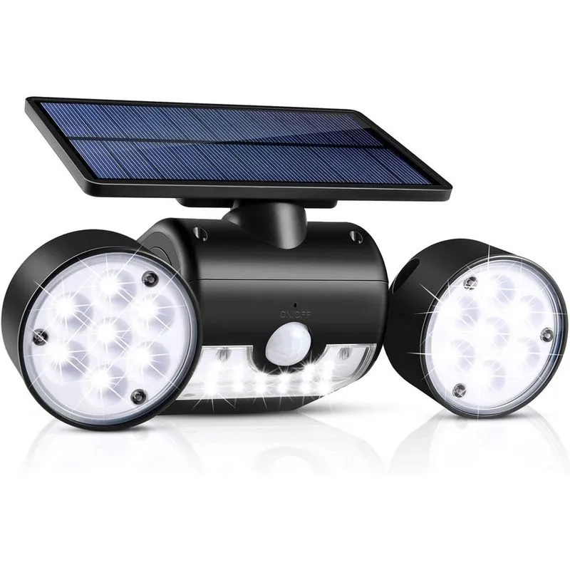 Luzes solares ao ar livre, 30 luzes de parede movidas a energia solar à prova d'água de LED com holofotes de cabeça dupla Luzes noturnas de segurança de movimento solar rotativo de 360 graus para jard