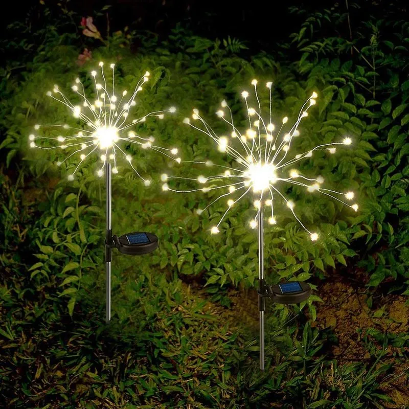 Luzes solares de jardim ao ar livre, 2 x luzes solares de fogos de artifício LED branco quente Luzes solares Starburst com 2 modos de iluminação cintilantes e estáveis para jardim, pátio, quintal, can