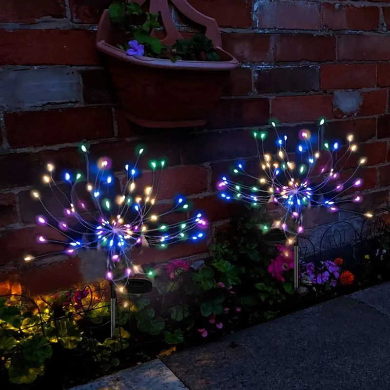 Luzes solares do jardim decorativas ao ar livre do jardim, 2 x luzes solares de fogos de artifício Luzes solares Starburst LED multicoloridas com cintilante e constante 2 modos de iluminação para jard
