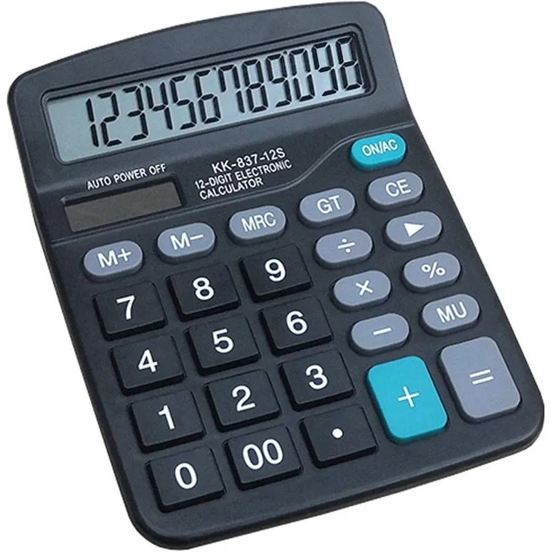 Calculadora, bateria solar de 12 bits Calculadora eletrônica de função padrão de energia dupla com tela lcd grande Calculadora de escritório preta (KK-837B, 1 pacote)
