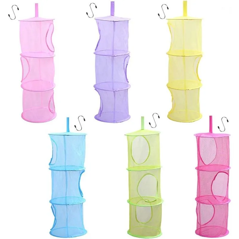 6 peças de bolsa organizadora de armazenamento de malha suspensa com 6 peças de gancho s, cesta dobrável para economia de espaço para brinquedos com 3 prateleiras para armário de quarto infantil Banhe