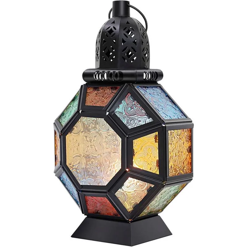 Lanterna de vela de ferro retrô, suporte de vela de vitral marroquino portátil de ferro forjado lâmpada pendurada lanterna de vento leve de cavalo para decoração de casa Ramadã - preto + colorido