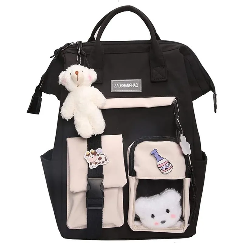 Mochila Kawaii com Alfinete Kawaii e Acessórios Mochila Estética Bonita Mochila Kawaii Bonita para Escola (Preto) Preto -