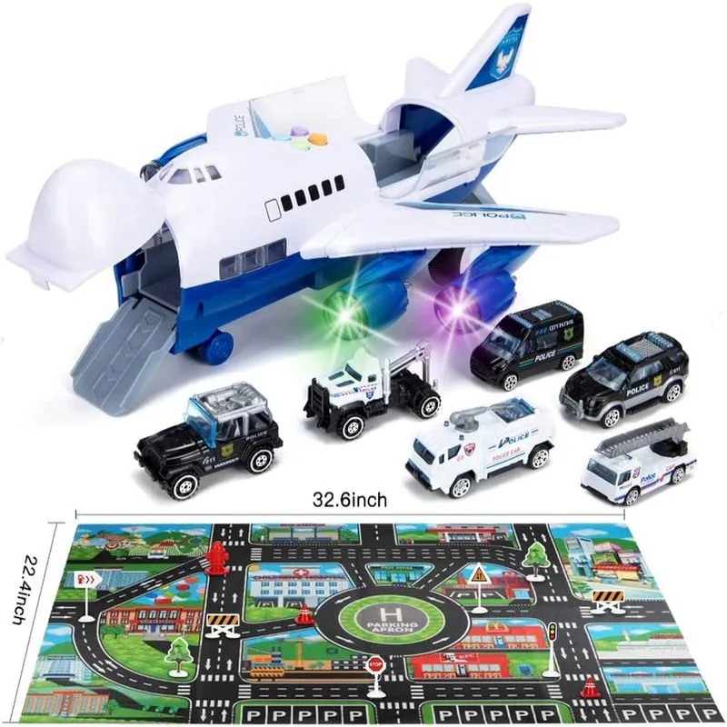 Conjunto de brinquedos de carro com avião de carga de transporte e tapete de brincar grande, mini veículo educacional, conjunto de carro policial para crianças, crianças, meninos, presente infantil pa