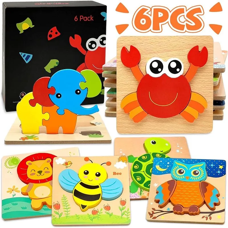 Quebra-Cabeças de Madeira para Crianças de 1 a 3 Anos Brinquedos Montessorianos Educativos Conjunto 6 Peças