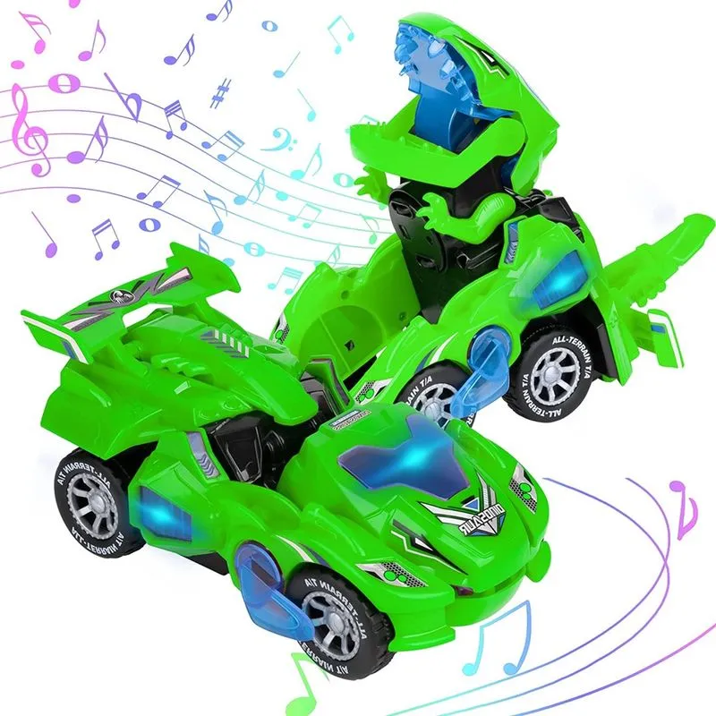 Brinquedos automáticos de dinossauro com música, carros dinossauros automáticos 2 em 1 com luz led, brinquedos de dinossauro para crianças 3-5 verdes -