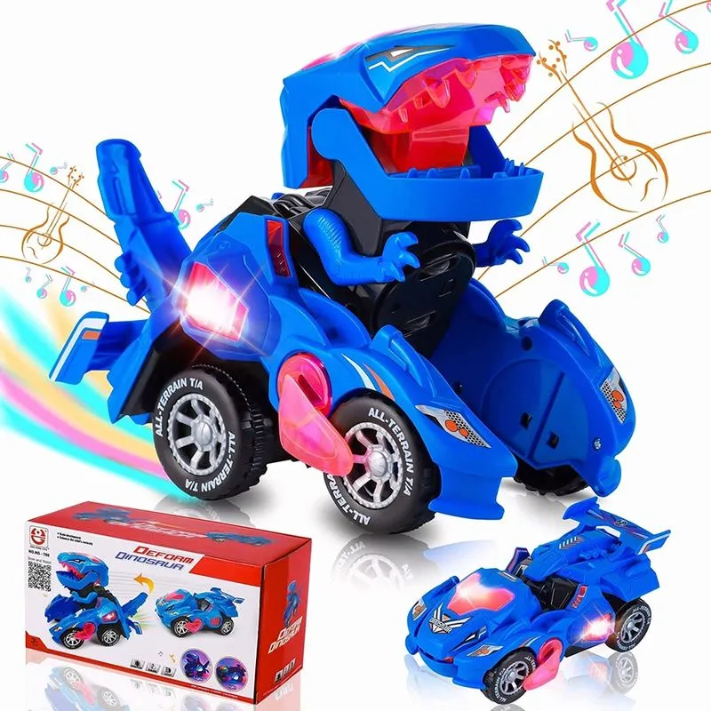 Brinquedos automáticos de dinossauro com música, carros dinossauros automáticos 2 em 1 com luz led, brinquedos de dinossauro para crianças 3-5 azuis -