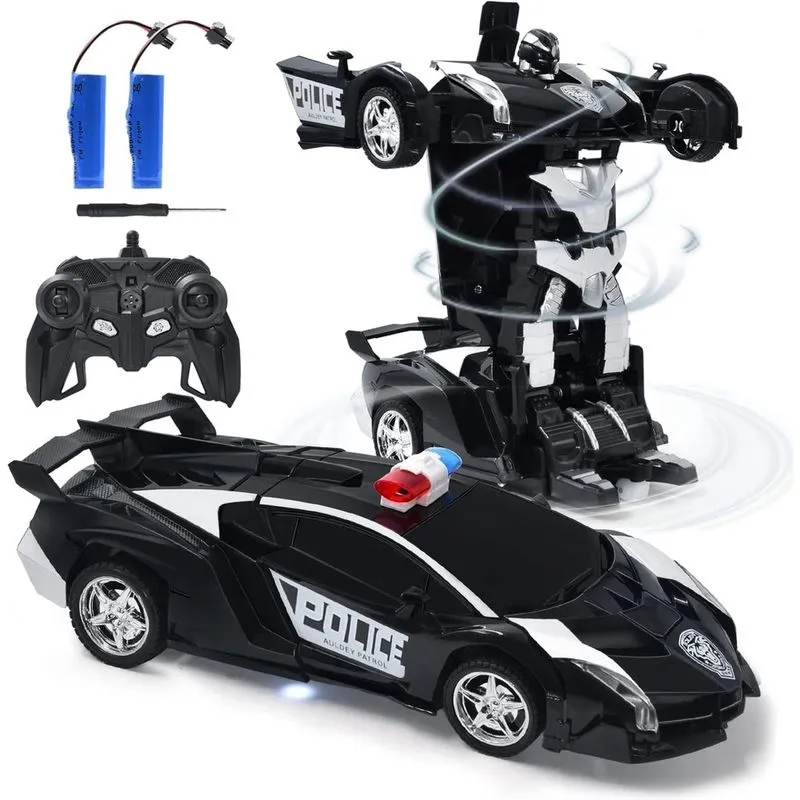 Robô de carro de polícia rc para crianças, brinquedo de carro de robô de transformação de controle remoto, carro robô de deformação de uma chave, demonstração automática de um botão e velocidade de ro
